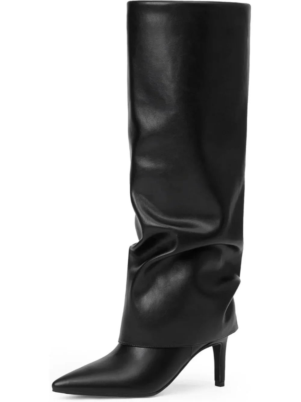 Women's Black Slouchy Stiletto Heel Pointed Toe Chic Fold Over Knee High Boots